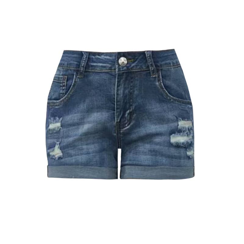 High Rise Ripped Denim Shorts With Cuffs