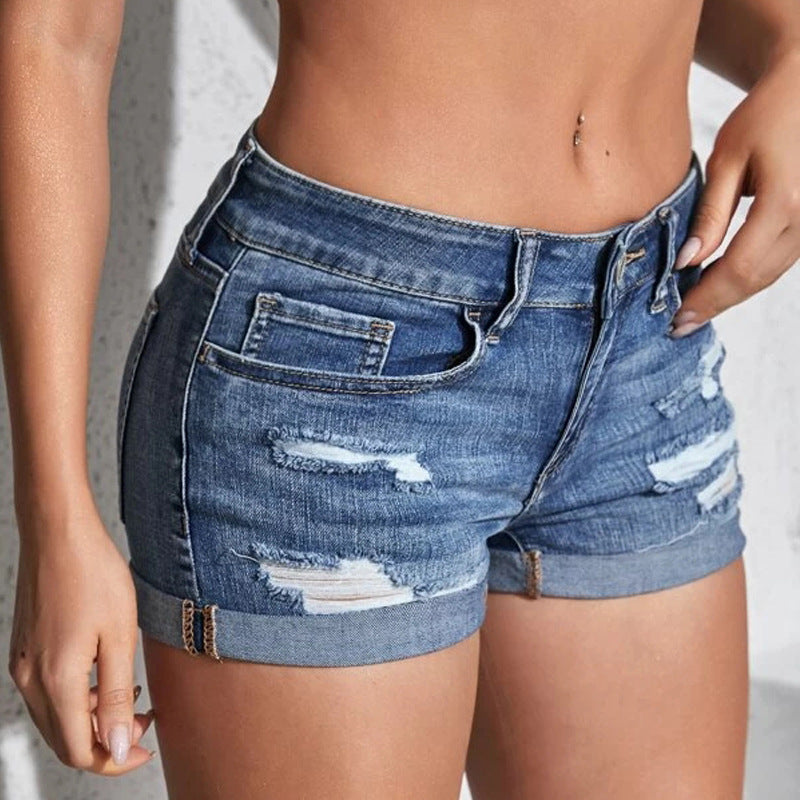 High Rise Ripped Denim Shorts With Cuffs - view 1