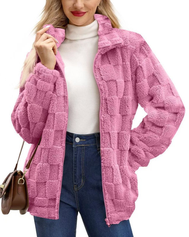 Checkerboard Sherpa Zip Up Jacket - Deep-Pink