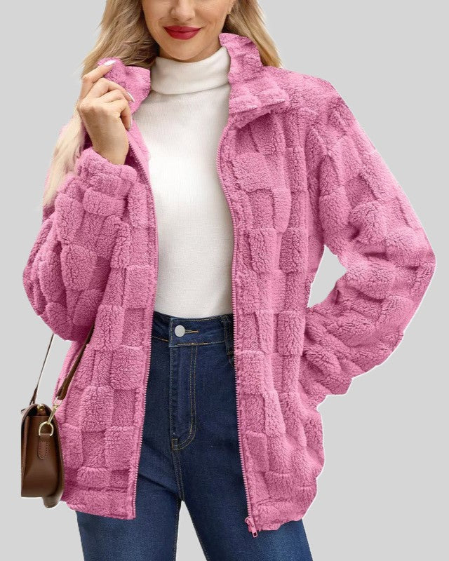 Checkerboard Sherpa Zip Up Jacket - Deep-Pink - 1