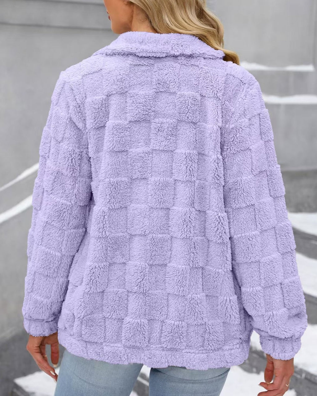 Checkerboard Sherpa Zip Up Jacket - Deep-Pink - 2