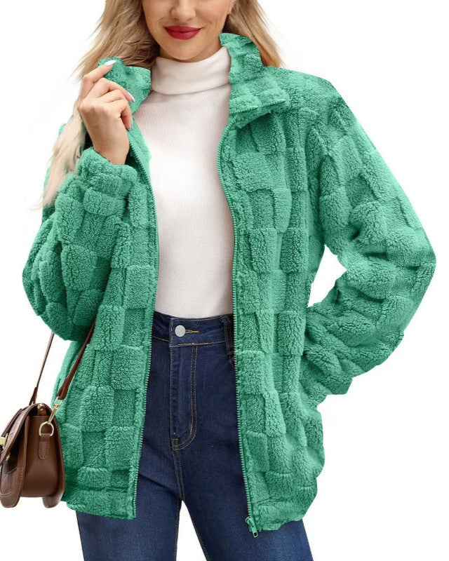 Checkerboard Sherpa Zip Up Jacket - Green