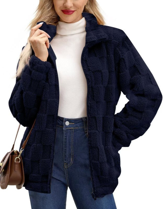 Checkerboard Sherpa Zip Up Jacket - Navy-Blue