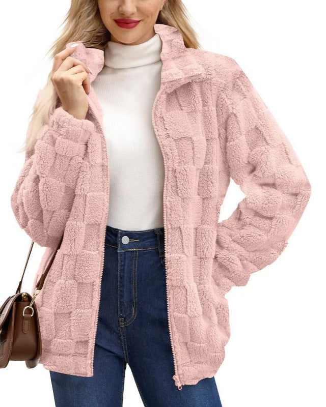 Checkerboard Sherpa Zip Up Jacket - Pink