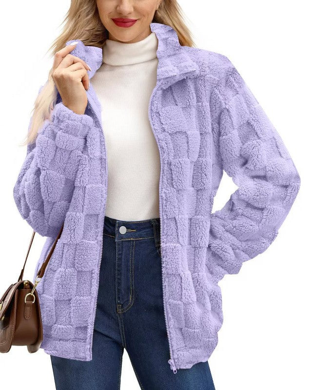 Checkerboard Sherpa Zip Up Jacket - Purple