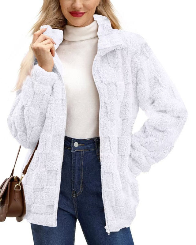 Checkerboard Sherpa Zip Up Jacket - White