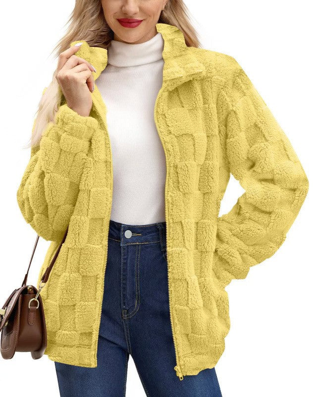 Checkerboard Sherpa Zip Up Jacket - Yellow