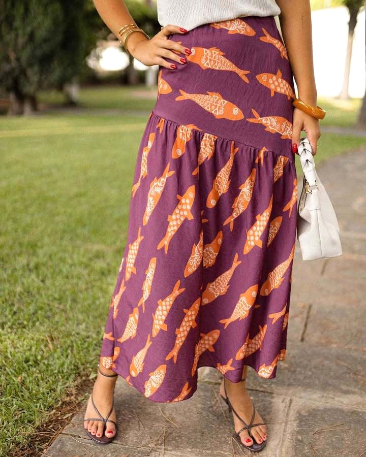 Boho Fish Print Tiered Maxi Skirt - BrickRed