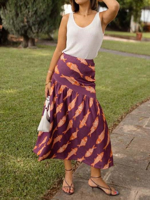 Boho Fish Print Tiered Maxi Skirt - BrickRed - 1