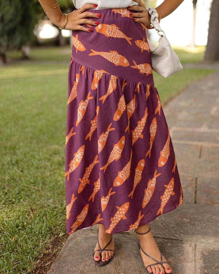 Boho Fish Print Tiered Maxi Skirt - BrickRed - 2