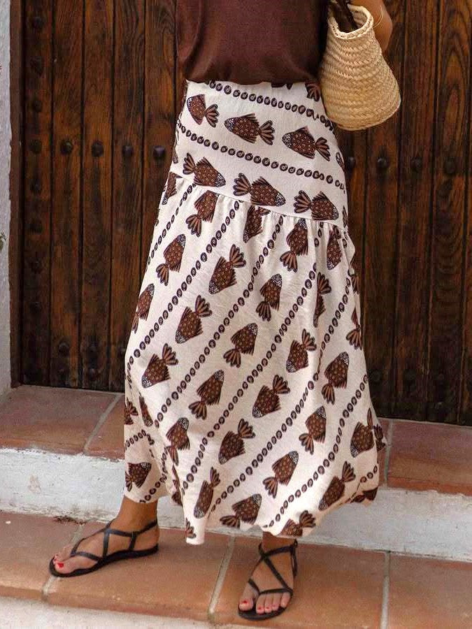 Boho Fish Print Tiered Maxi Skirt - Brown