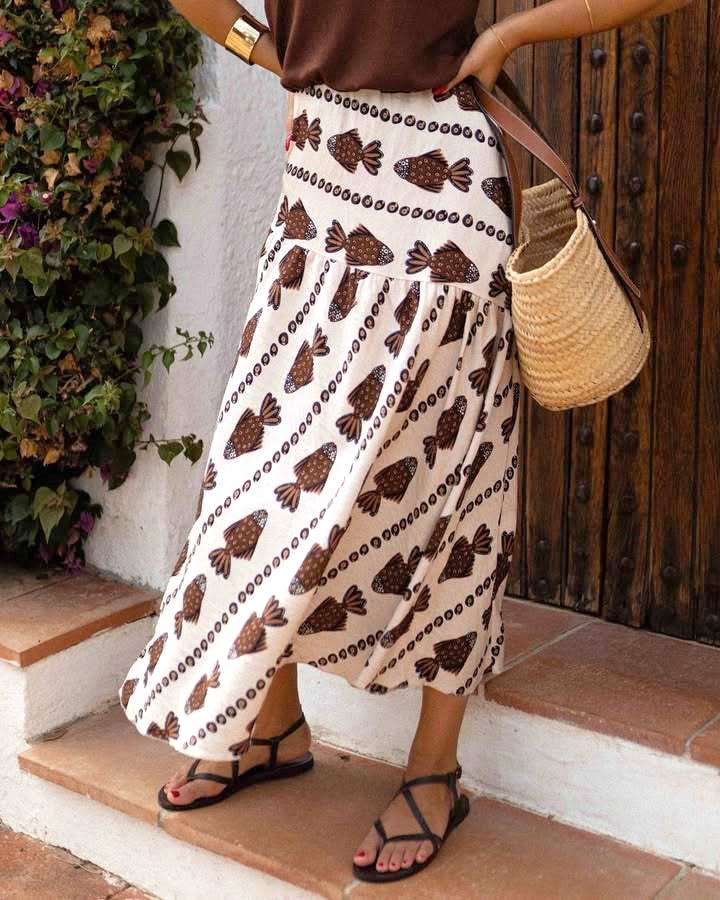 Boho Fish Print Tiered Maxi Skirt - Brown - 1