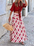 Boho Fish Print Tiered Maxi Skirt - Red