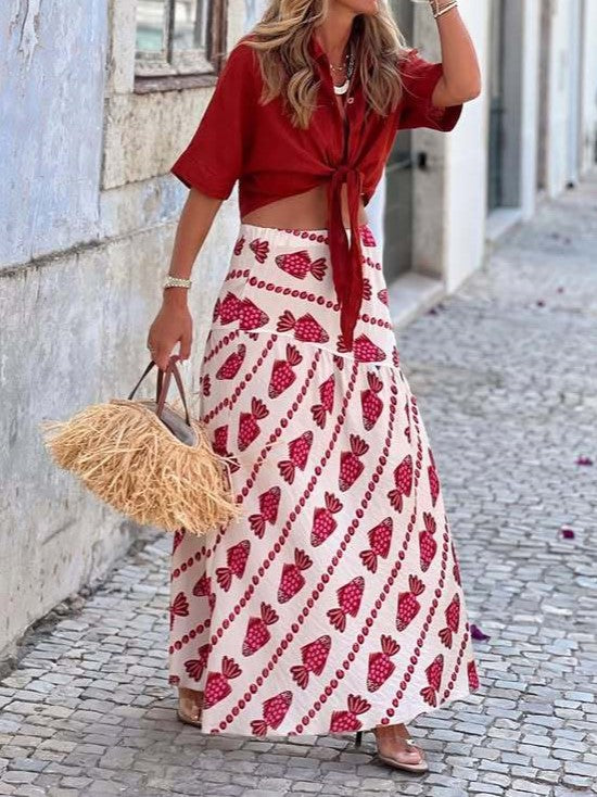 Boho Fish Print Tiered Maxi Skirt - Red