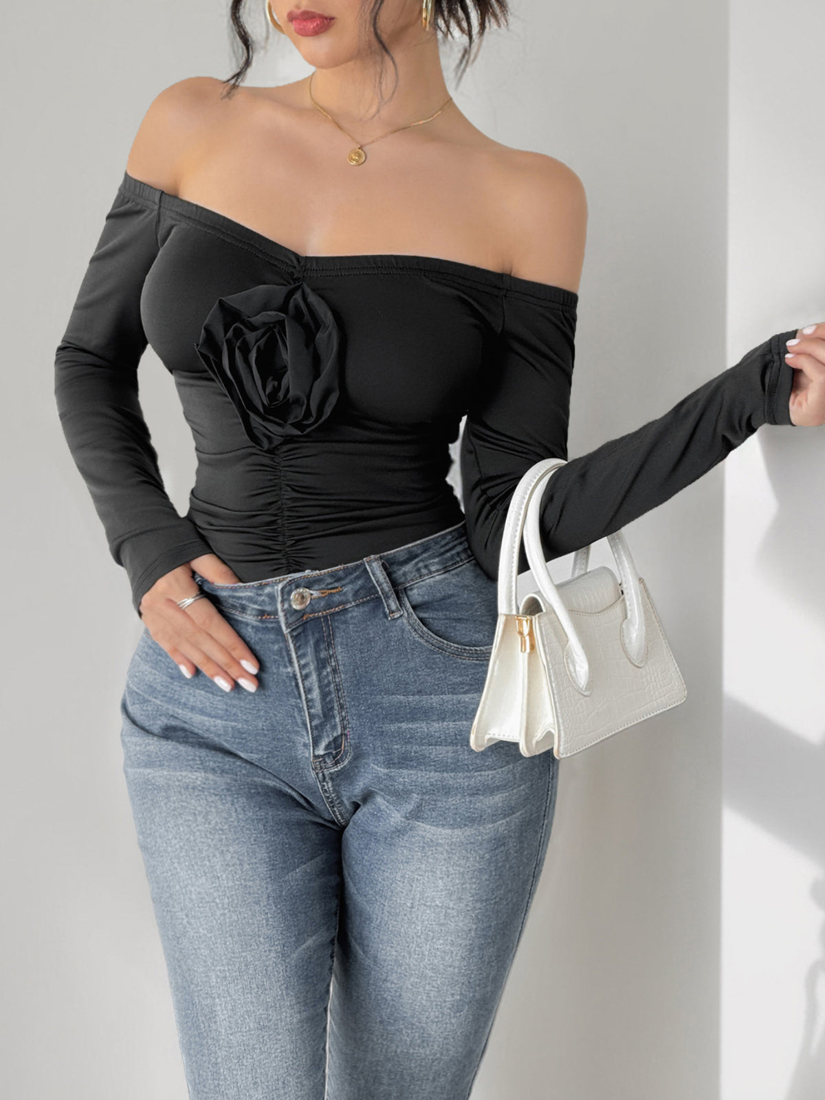 Rosette Ruched Off Shoulder Bodysuit - Black - 2