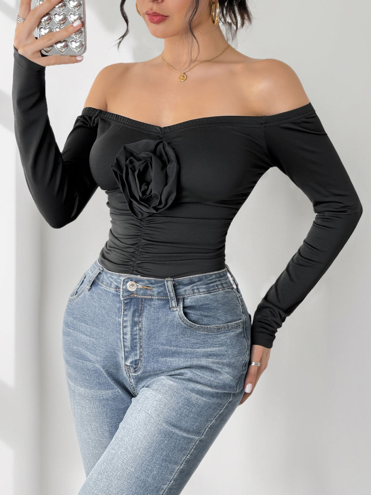 Rosette Ruched Off Shoulder Bodysuit - Black - 3