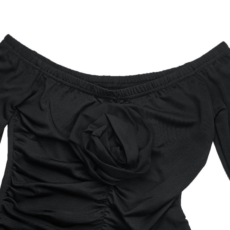 Rosette Ruched Off Shoulder Bodysuit - Black - 4