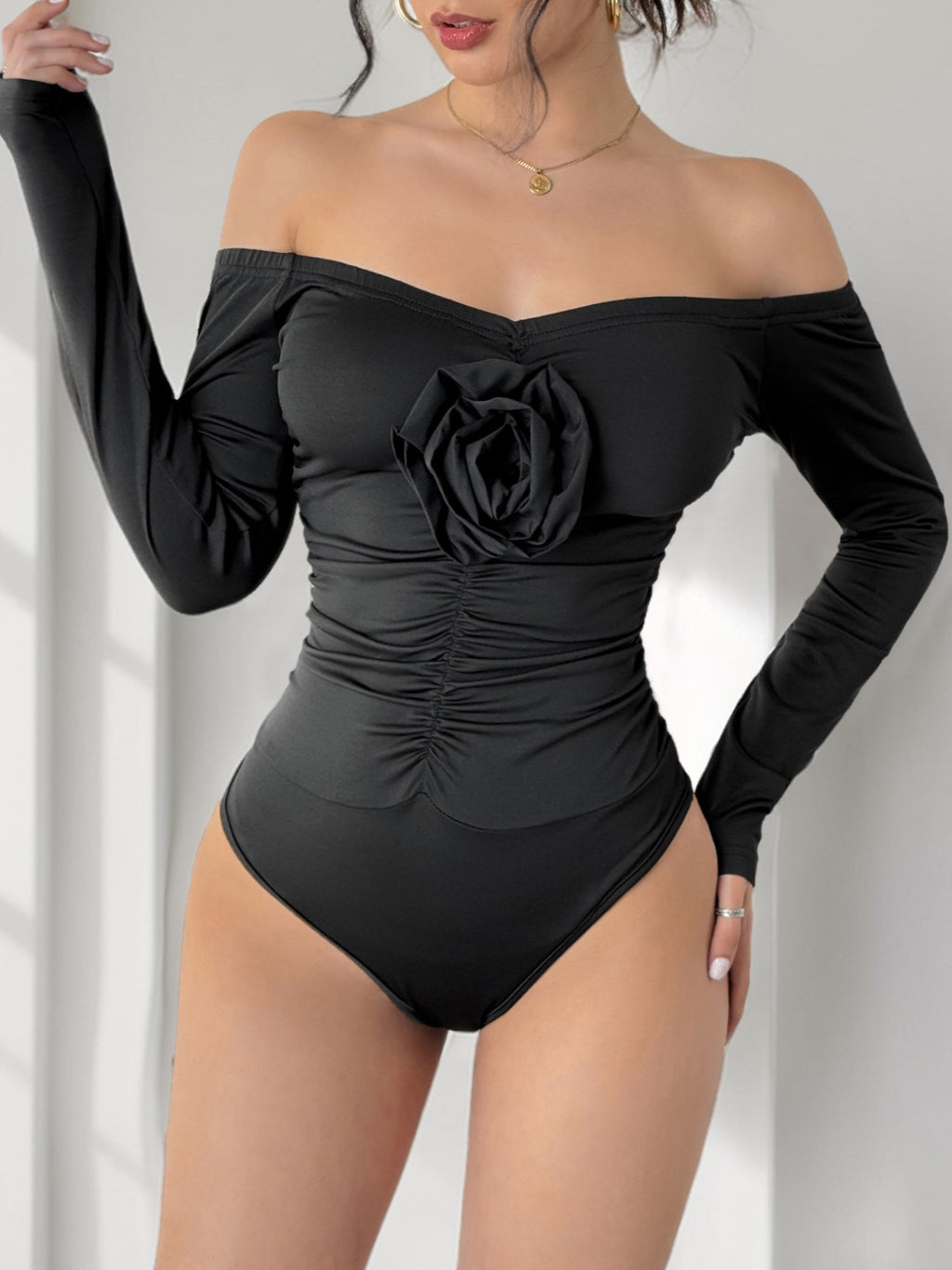 Rosette Ruched Off Shoulder Bodysuit