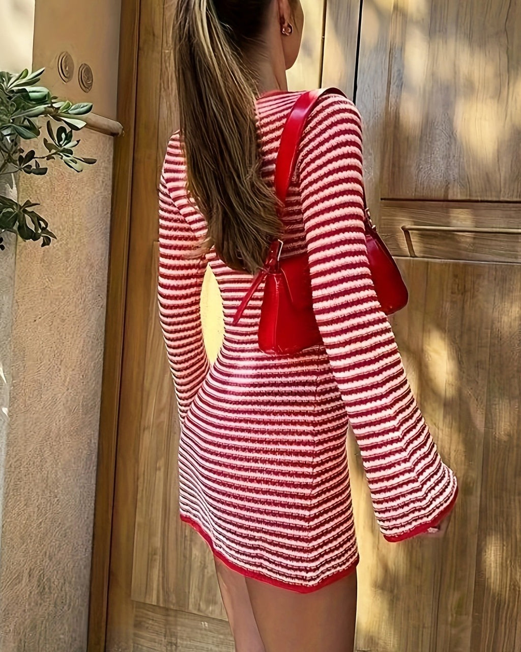 Striped Knit Mini Sweater Dress - Red - 2