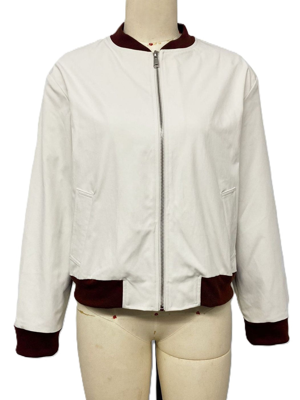 Varsity Cropped Zip Bomber Jacket - White - 1