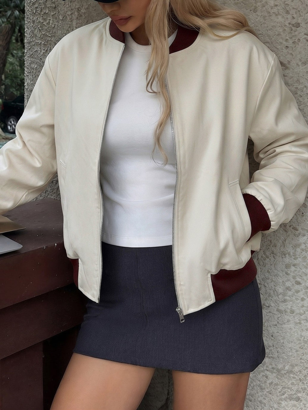 Varsity Cropped Zip Bomber Jacket - White - 3