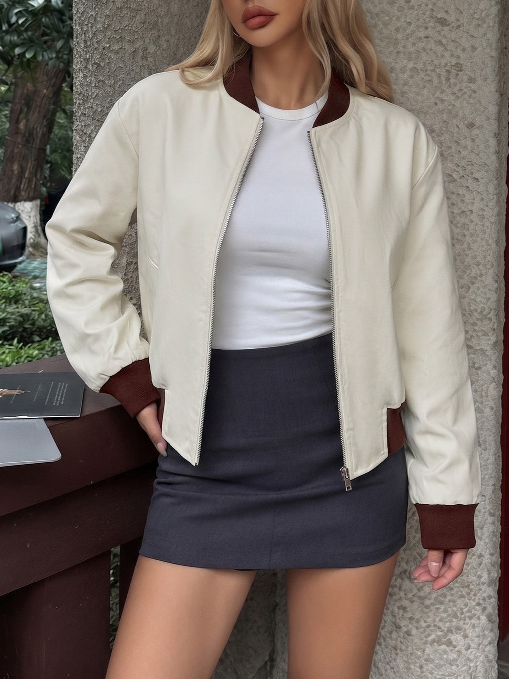 Varsity Cropped Zip Bomber Jacket - White - 4