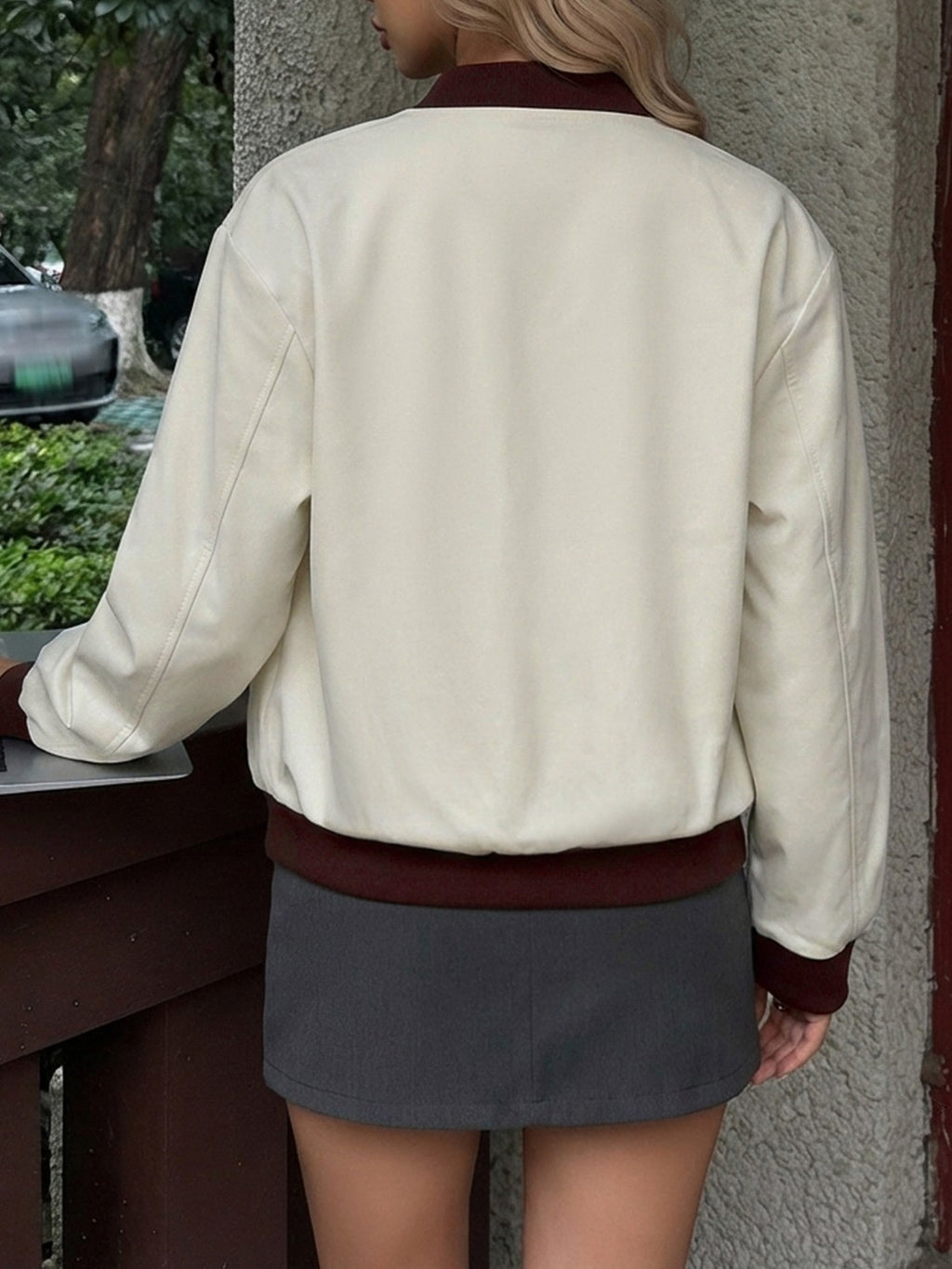 Varsity Cropped Zip Bomber Jacket - White - 5