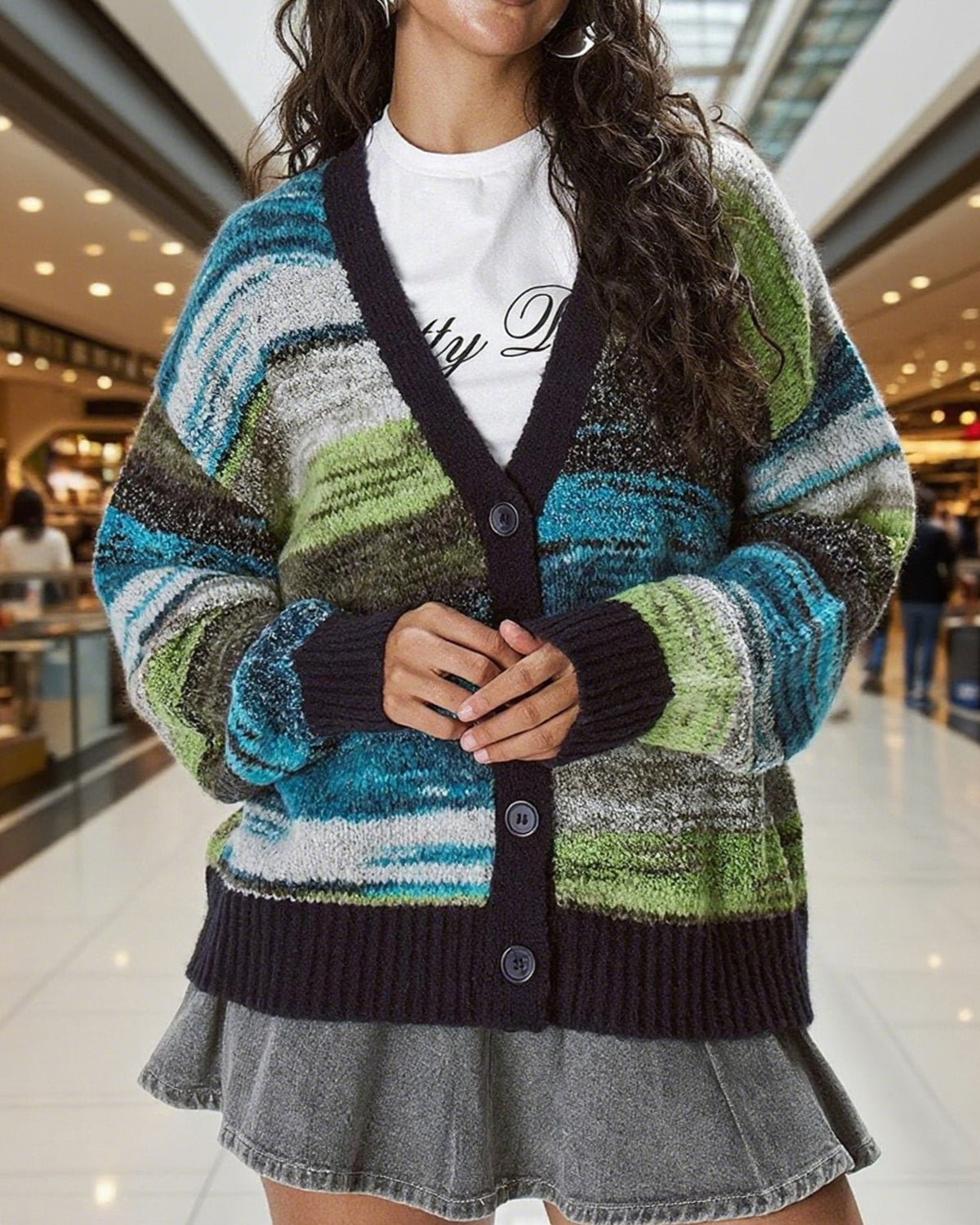 Space Dye Striped Contrast Trim Cardigan - Blue