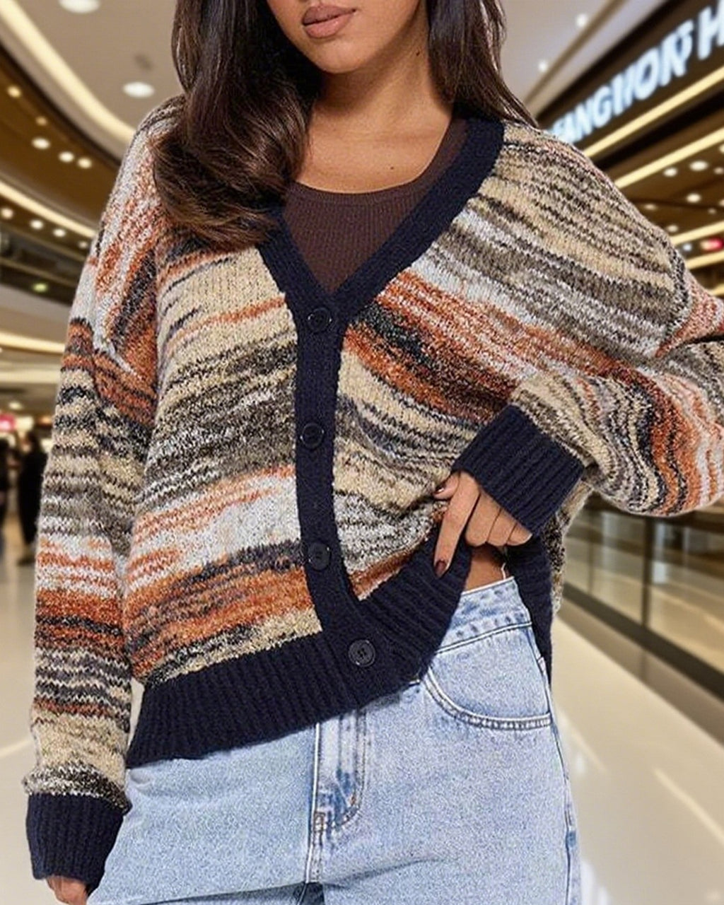 Space Dye Striped Contrast Trim Cardigan - Orange - 1