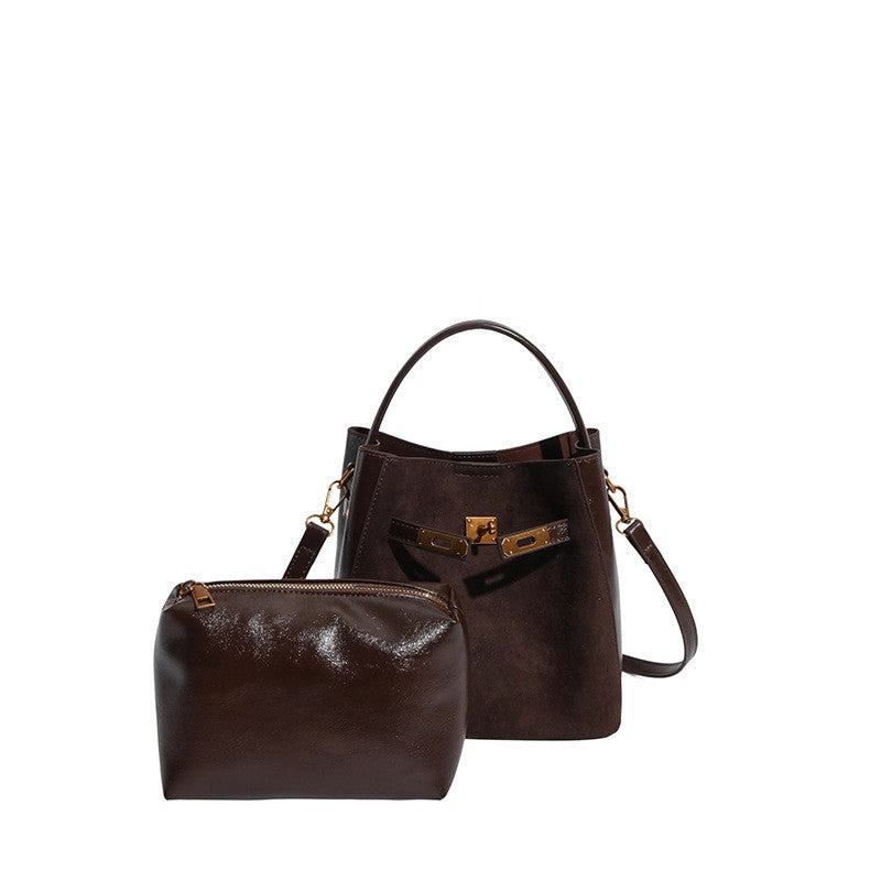 Vintage Belted Bucket Bag with Turn Lock - Chocolate Suede