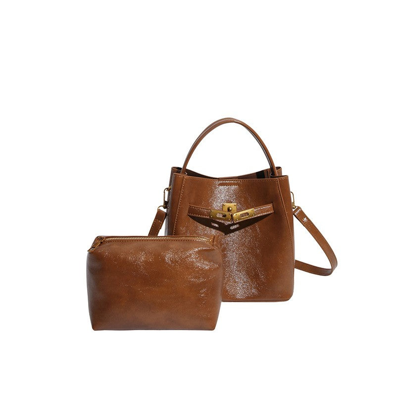 Vintage Belted Bucket Bag with Turn Lock - Cognac