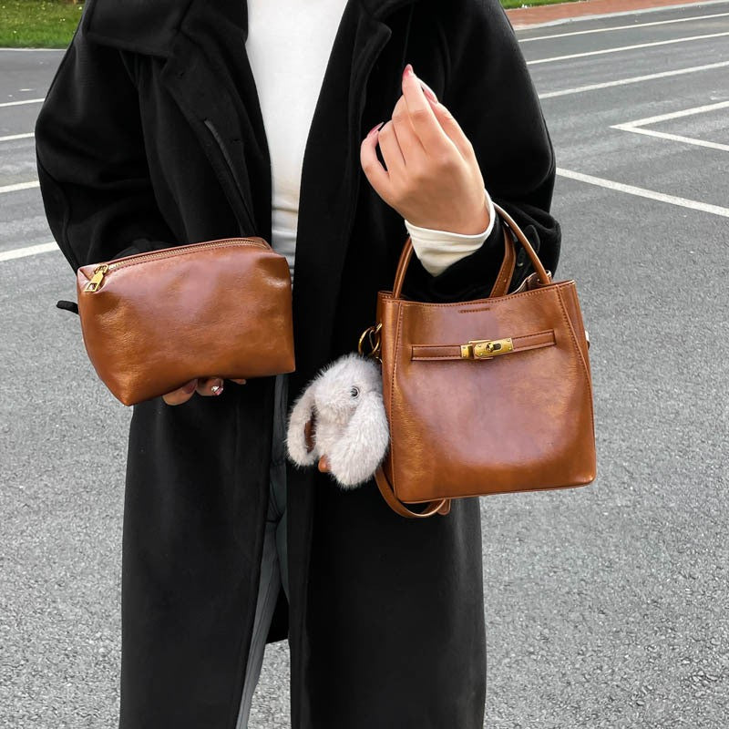 Vintage Belted Bucket Bag with Turn Lock