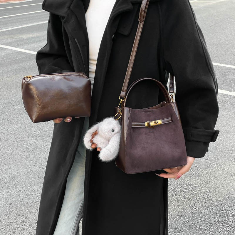 Vintage Belted Bucket Bag with Turn Lock