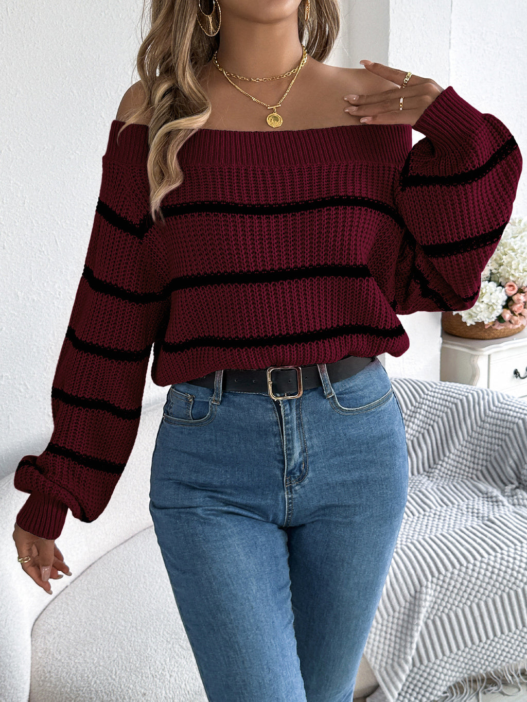 Bardot Neck Striped Knit Sweater - Winered - 1