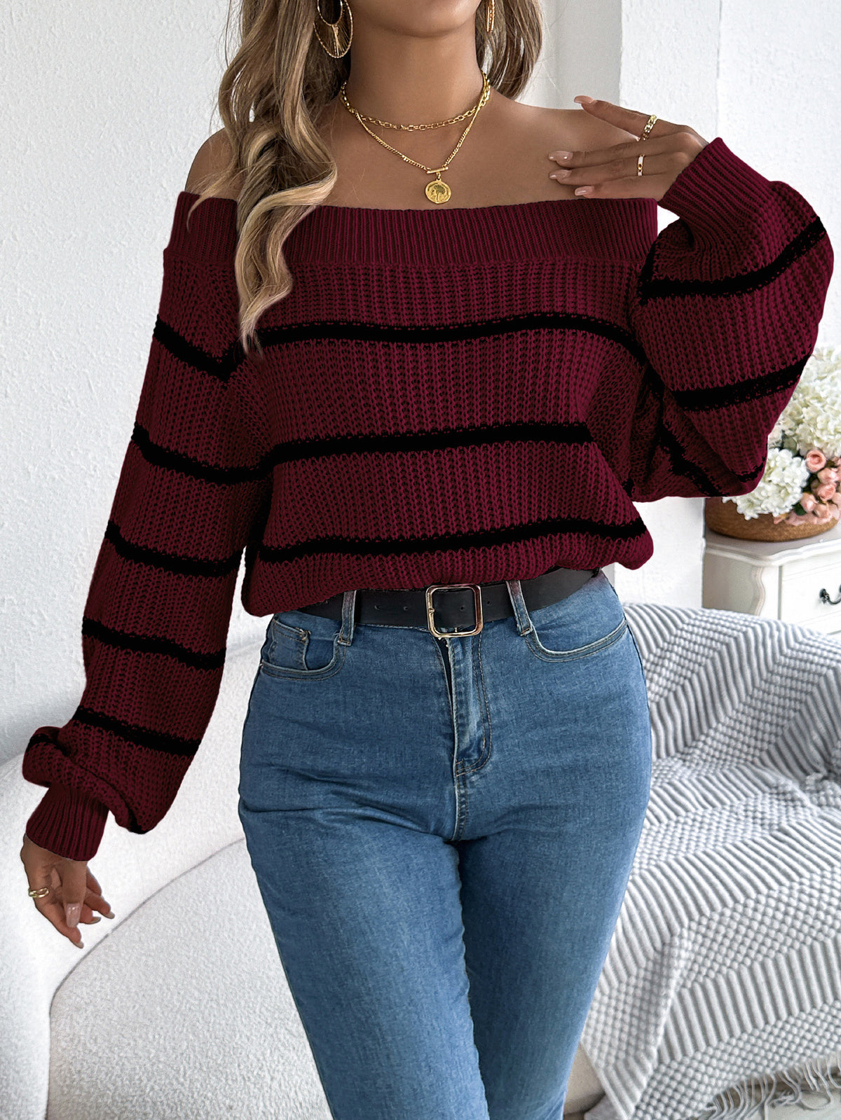 Bardot Neck Striped Knit Sweater - Winered - 1
