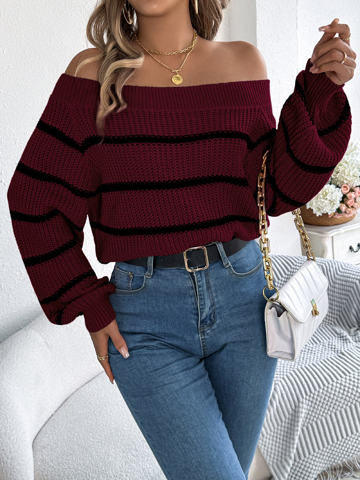 Bardot Neck Striped Knit Sweater - Winered - 2