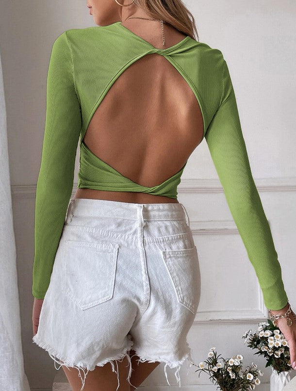 Cutout Back Fitted Crop Knit Top - Green