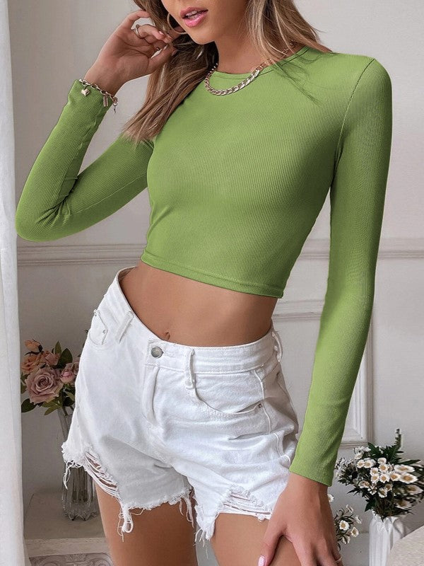 Cutout Back Fitted Crop Knit Top - Green - 1