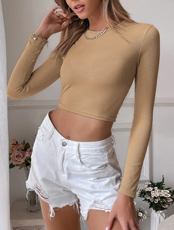 Cutout Back Fitted Crop Knit Top - Khaki