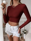 Cutout Back Fitted Crop Knit Top - Winered