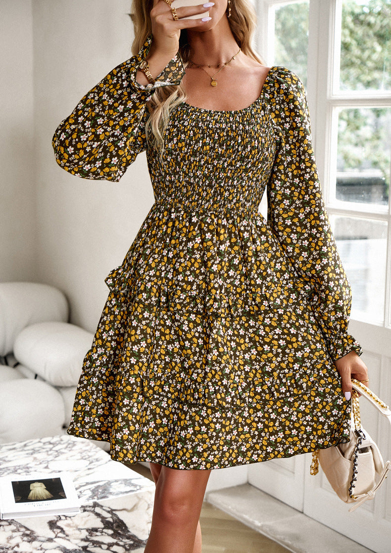 Ditsy Floral Smocked Tiered Mini Dress - Brown