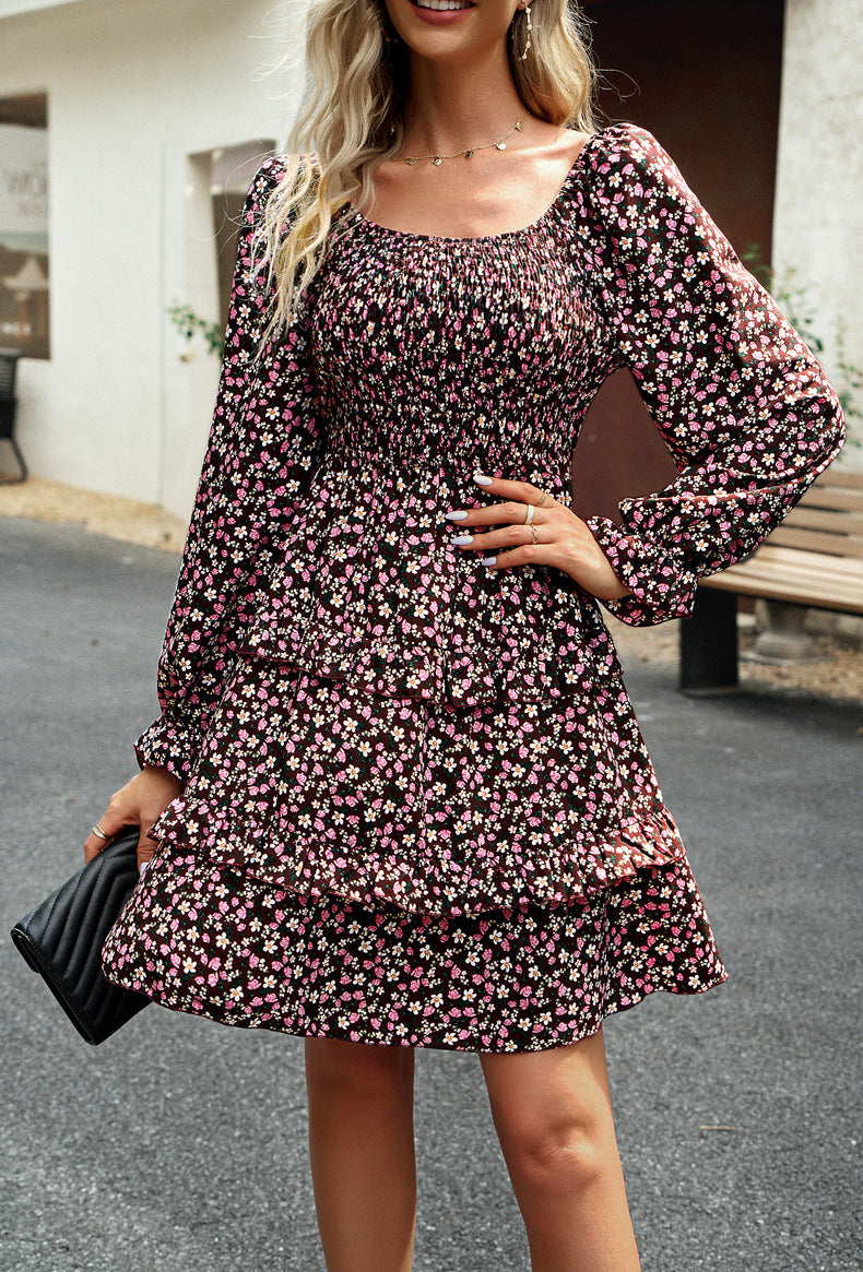 Ditsy Floral Smocked Tiered Mini Dress - Pink