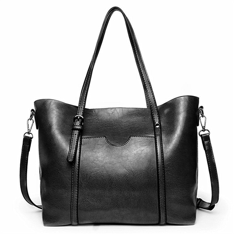 Oiled Faux Leather Work Tote Bag - Black