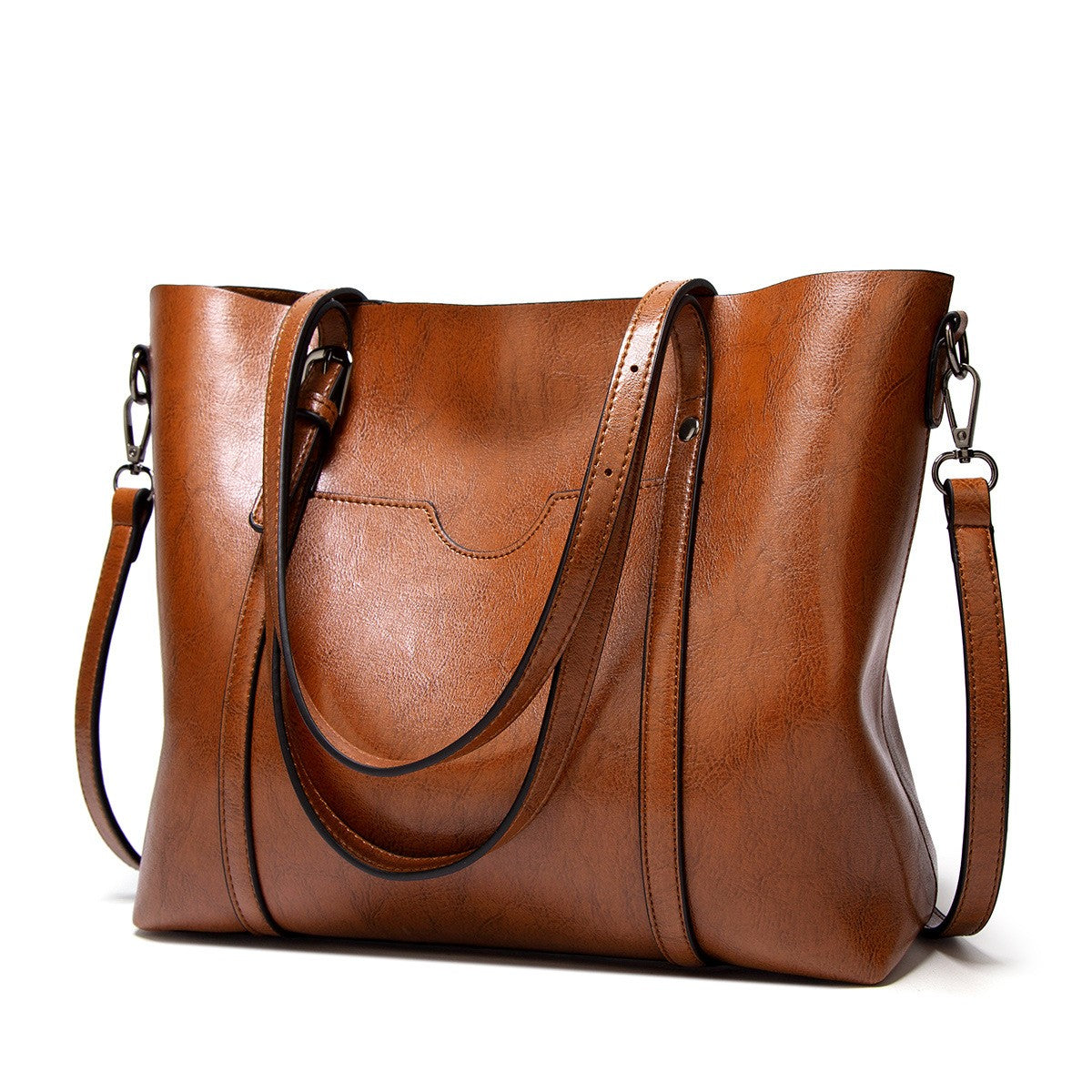 Oiled Faux Leather Work Tote Bag - Brown
