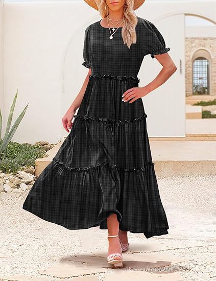 Tiered Boho Maxi Dress With Puff Sleeves - Black