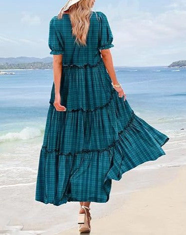 Tiered Boho Maxi Dress With Puff Sleeves - Lakeblue - 1