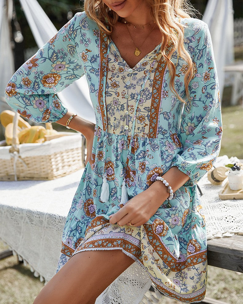 Floral Tassel Tie Tiered Boho Mini Dress - Blue