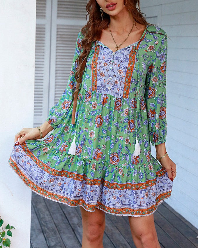 Floral Tassel Tie Tiered Boho Mini Dress - Green