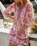 Floral Tassel Tie Tiered Boho Mini Dress - Red