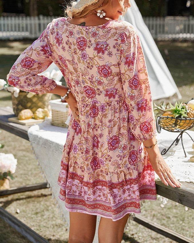 Floral Tassel Tie Tiered Boho Mini Dress - Red - 1